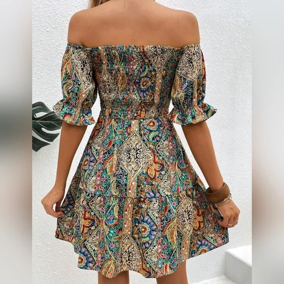 New Chic Boho Paisley Floral Off Shoulder Mini Dress Ruffle Smocked Blue Tan - Picture 3 of 8